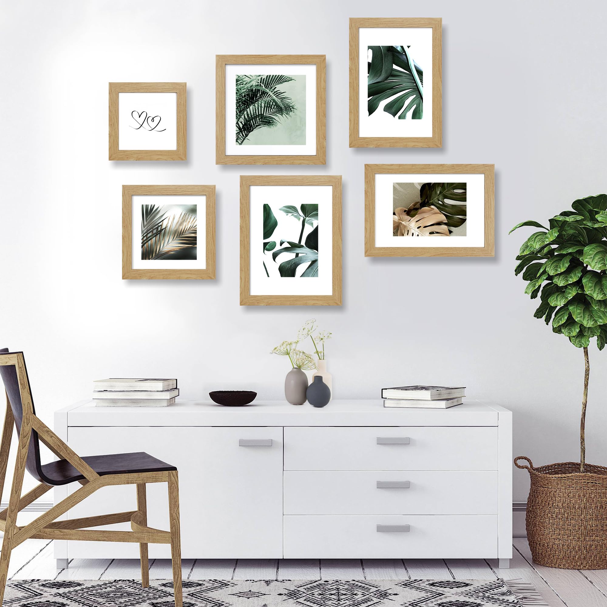 Hongkee 6x9 Picture Frame Set of 4, Made of Real Glass and Natural Oak Wooden Frame - 6 by 9 Photo for Wall or Tabletop Display